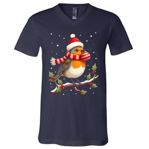 Cute Robin Bird Christmas Bird Watching Lover Xmas Watcher V-Neck T-Shirt