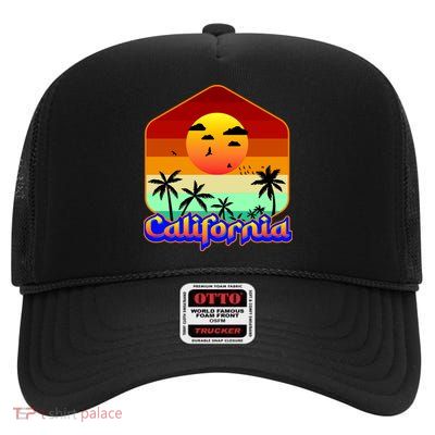 California Retro Beach Sunset Logo High Crown Mesh Back Trucker Hat