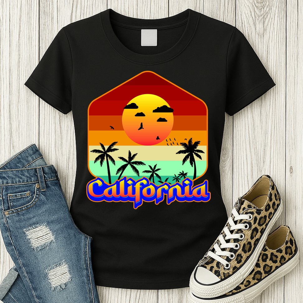 California Retro Beach Sunset Logo Womens T-Shirt