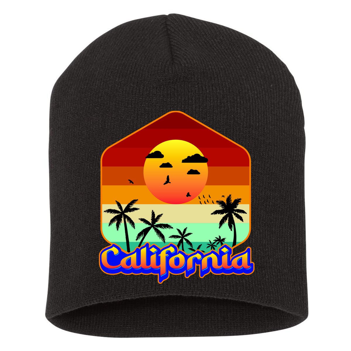California Retro Beach Sunset Logo Short Acrylic Beanie