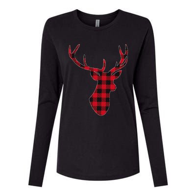 Classic Red & Black Christmas Buffalo Plaid Deer Womens Cotton Relaxed Long Sleeve T-Shirt