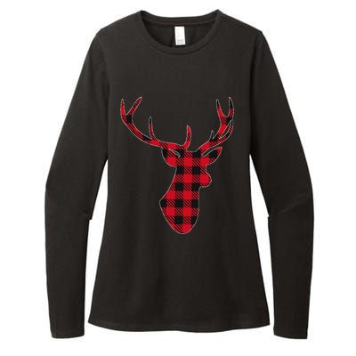 Classic Red & Black Christmas Buffalo Plaid Deer Womens CVC Long Sleeve Shirt