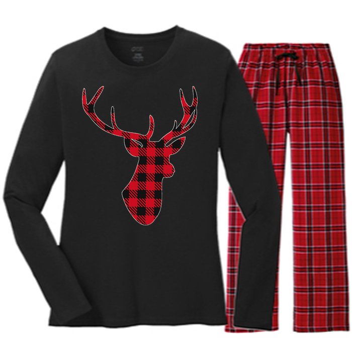 Classic Red & Black Christmas Buffalo Plaid Deer Women's Long Sleeve Flannel Pajama Set 