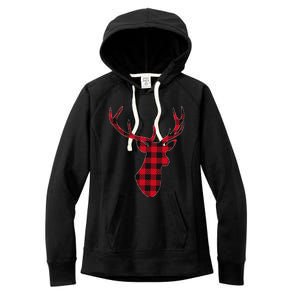 Classic Red & Black Christmas Buffalo Plaid Deer Women's Fleece Hoodie