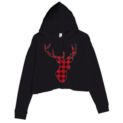 Classic Red & Black Christmas Buffalo Plaid Deer Crop Fleece Hoodie