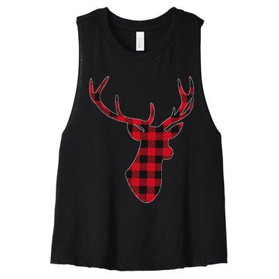 Classic Red & Black Christmas Buffalo Plaid Deer Women's Racerback Cropped Tank