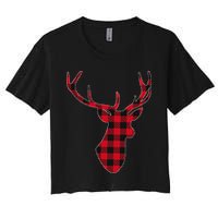 Classic Red & Black Christmas Buffalo Plaid Deer Women's Crop Top Tee