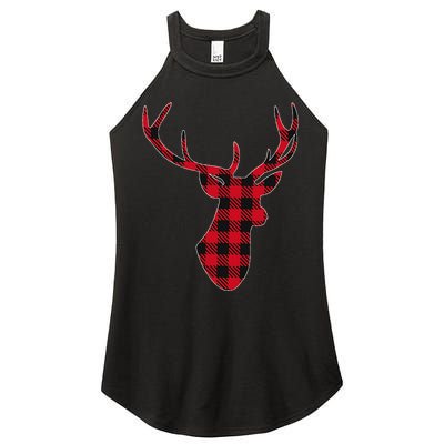 Classic Red & Black Christmas Buffalo Plaid Deer Women's Perfect Tri Rocker Tank