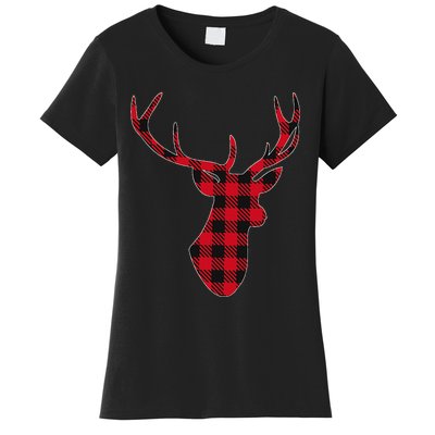 Classic Red & Black Christmas Buffalo Plaid Deer Women's T-Shirt