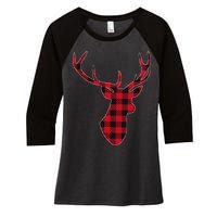 Classic Red & Black Christmas Buffalo Plaid Deer Women's Tri-Blend 3/4-Sleeve Raglan Shirt