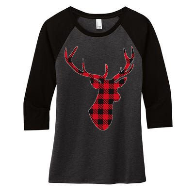 Classic Red & Black Christmas Buffalo Plaid Deer Women's Tri-Blend 3/4-Sleeve Raglan Shirt