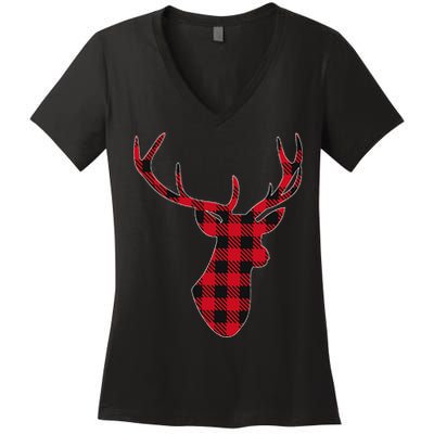 Classic Red & Black Christmas Buffalo Plaid Deer Women's V-Neck T-Shirt