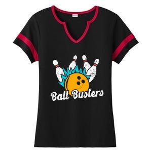 Classic Retro Bowling Team Name Ball Busters League Night Ladies Halftime Notch Neck Tee