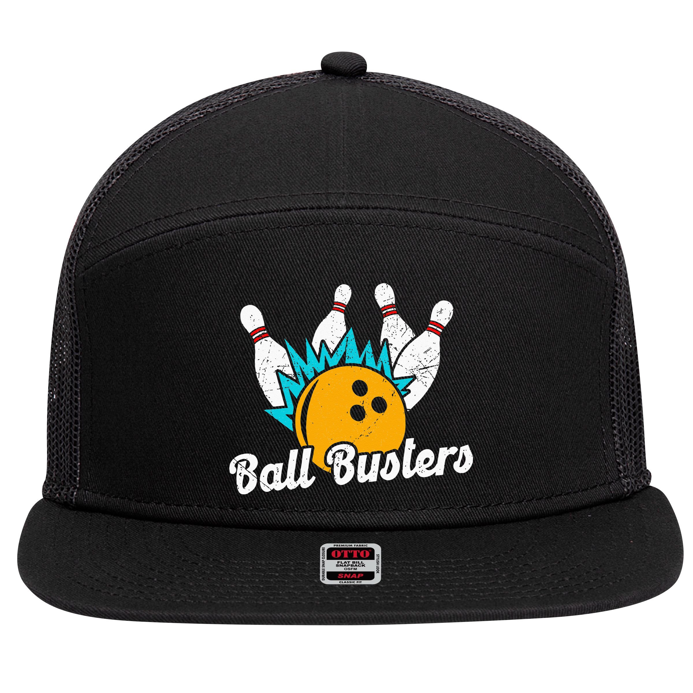 Classic Retro Bowling Team Name Ball Busters League Night 7 Panel Mesh Trucker Snapback Hat