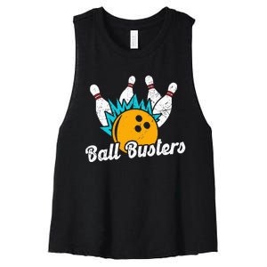 Classic Retro Bowling Team Name Ball Busters League Night Women's Racerback Cropped Tank