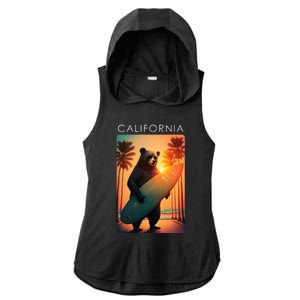 Cool Republic Bear Surfing Beach California Ladies PosiCharge Tri-Blend Wicking Draft Hoodie Tank