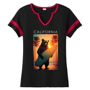 Cool Republic Bear Surfing Beach California Ladies Halftime Notch Neck Tee