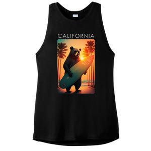 Cool Republic Bear Surfing Beach California Ladies PosiCharge Tri-Blend Wicking Tank