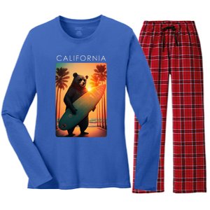 Cool Republic Bear Surfing Beach California Women's Long Sleeve Flannel Pajama Set 