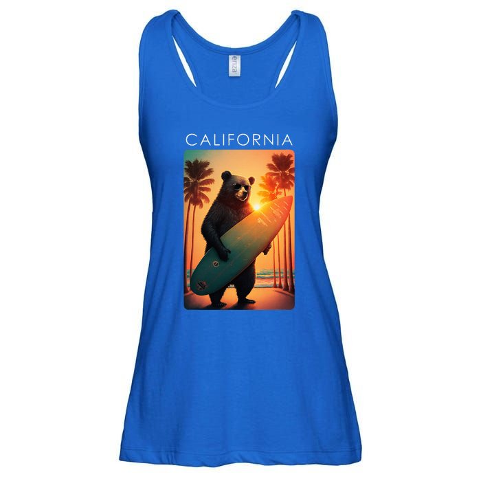 Cool Republic Bear Surfing Beach California Ladies Essential Flowy Tank