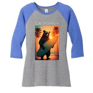 Cool Republic Bear Surfing Beach California Women's Tri-Blend 3/4-Sleeve Raglan Shirt