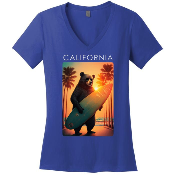 Cool Republic Bear Surfing Beach California Women's V-Neck T-Shirt