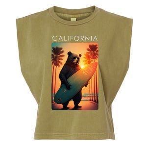 Cool Republic Bear Surfing Beach California Garment-Dyed Women's Muscle Tee