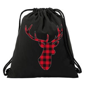 Classic Red & Black Christmas Buffalo Plaid Deer Drawstring Bag