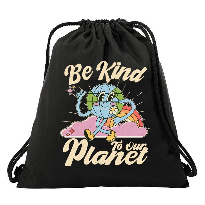 Cute Retro Be Kind To Our Planet Celebrate Earth Day Drawstring Bag