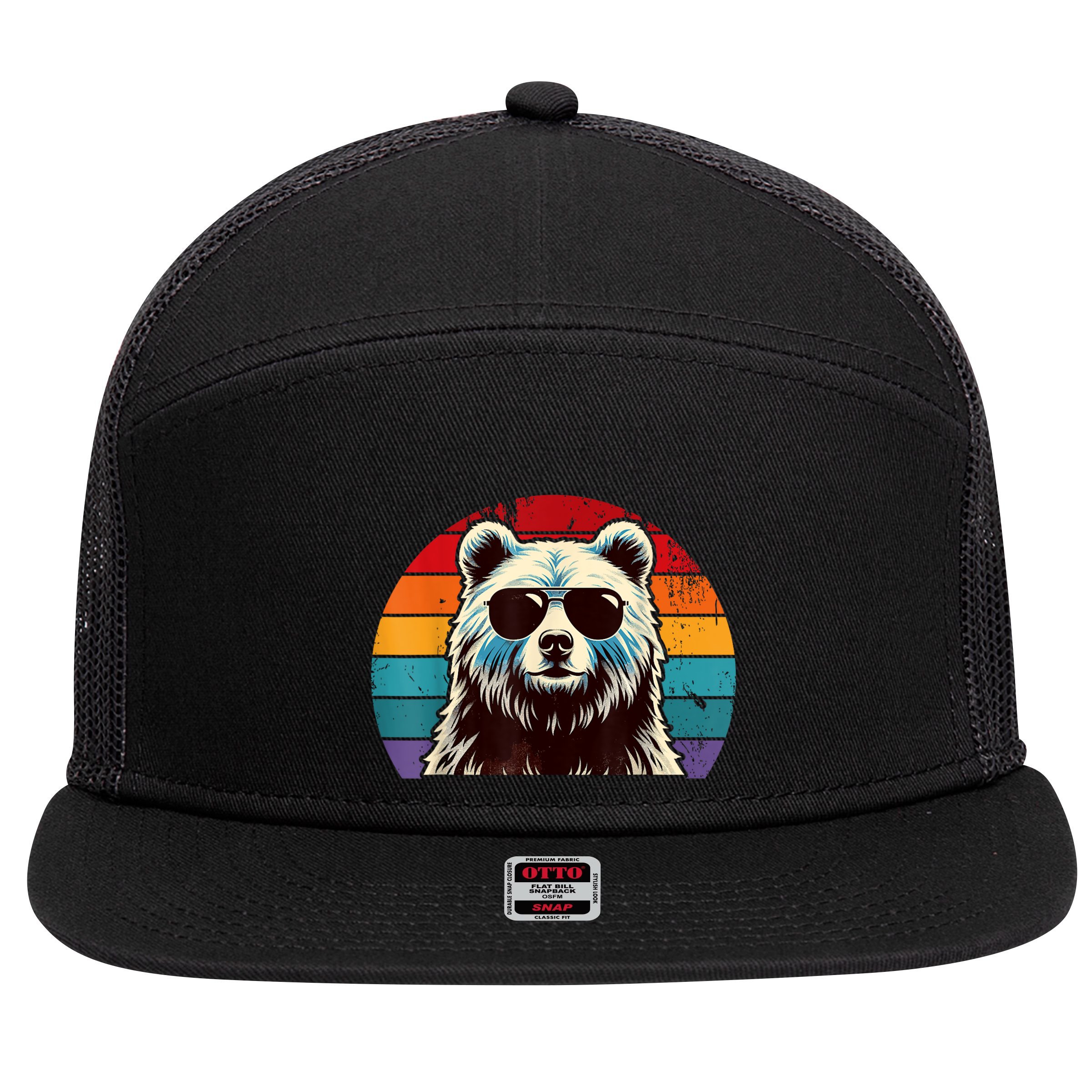 Cool Retro Bear In Sunglasses 70s 80s 90s Novelty Funny Bear 7 Panel Mesh Trucker Snapback Hat