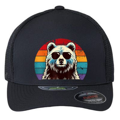 Cool Retro Bear In Sunglasses 70s 80s 90s Novelty Funny Bear Flexfit Unipanel Trucker Cap