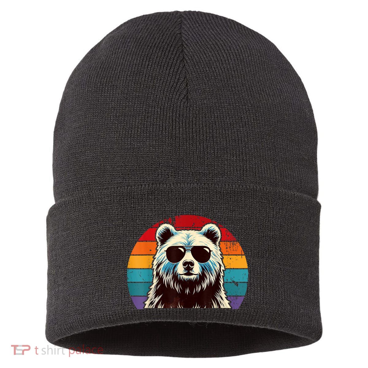 Cool Retro Bear In Sunglasses 70s 80s 90s Novelty Funny Bear Sustainable Knit Beanie