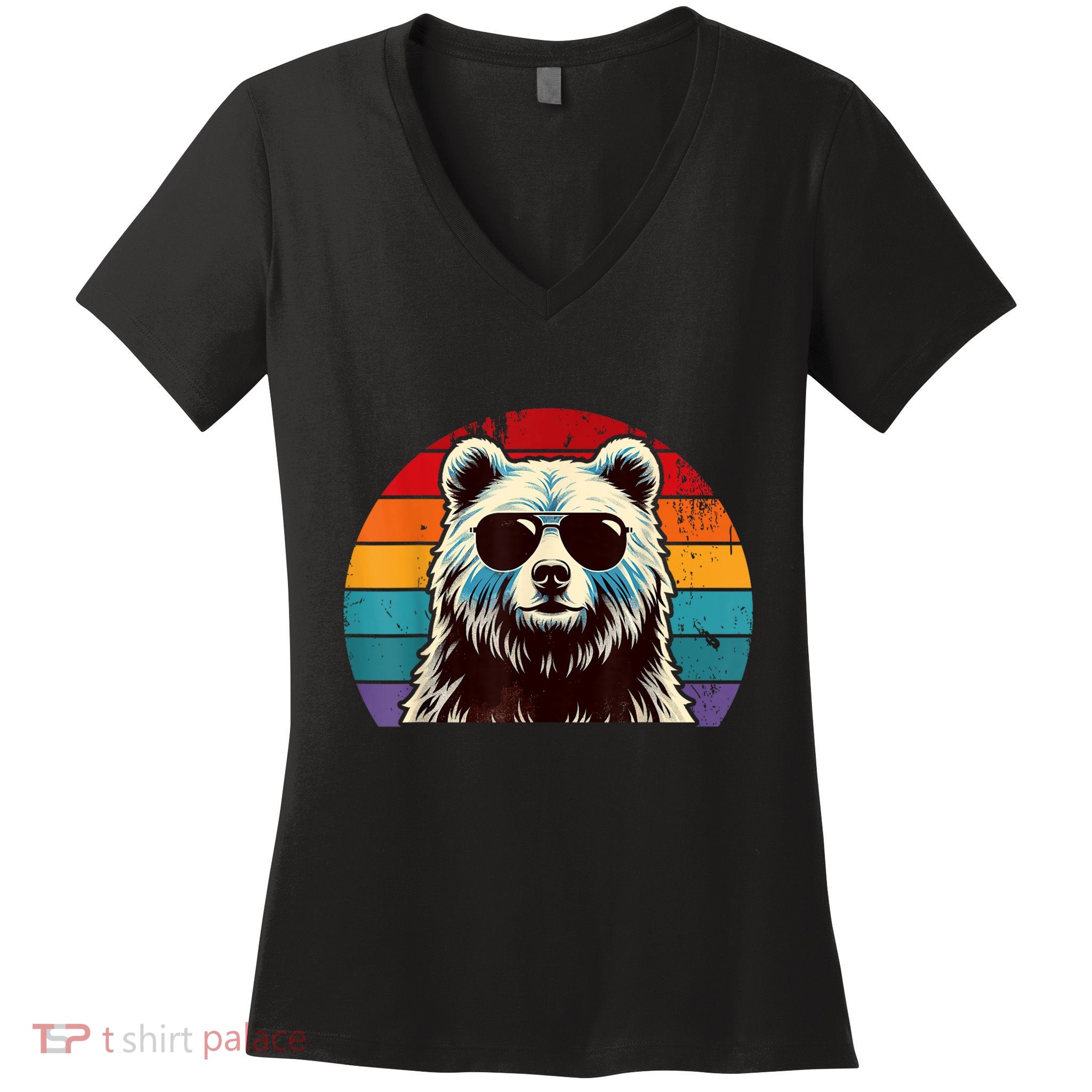 Cool Retro Bear In Sunglasses 70s 80s 90s Novelty Funny Bear Women's V-Neck T-Shirt