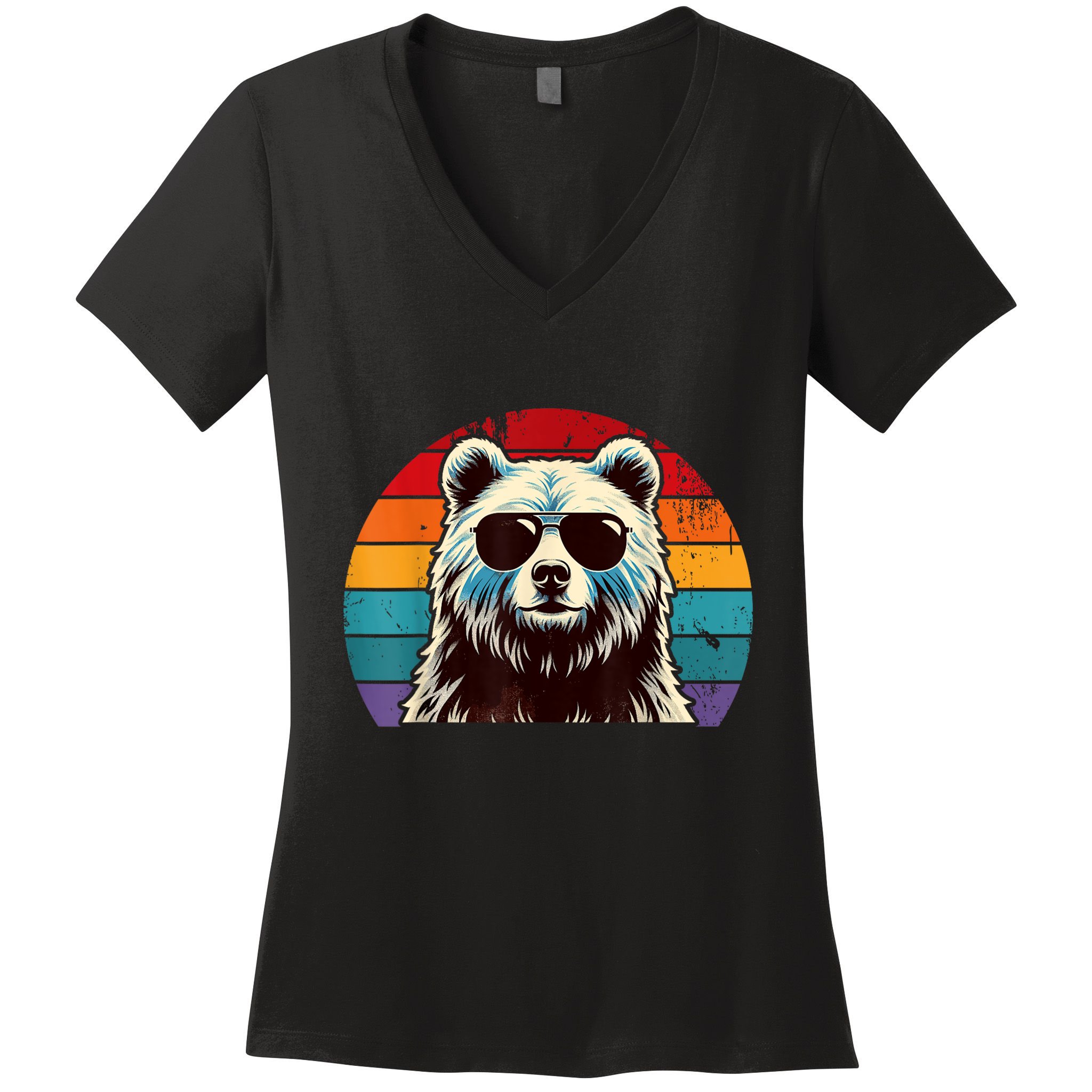 Cool Retro Bear In Sunglasses 70s 80s 90s Novelty Funny Bear Women's V-Neck T-Shirt