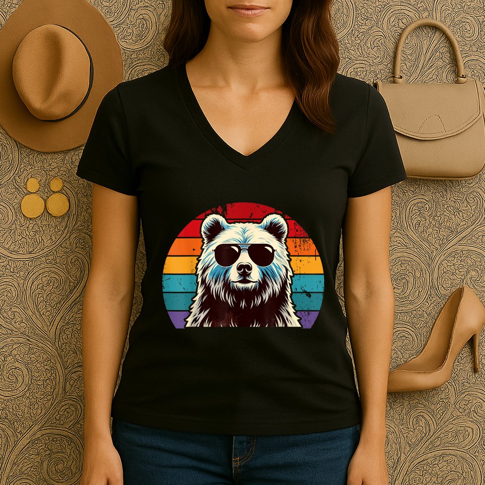 Cool Retro Bear In Sunglasses 70s 80s 90s Novelty Funny Bear Women's V-Neck T-Shirt