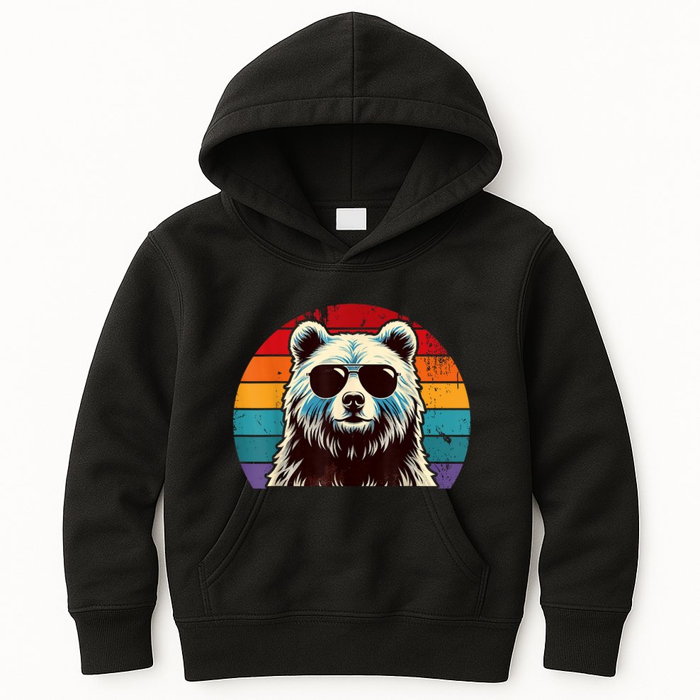Cool Retro Bear In Sunglasses 70s 80s 90s Novelty Funny Bear Kids Hoodie