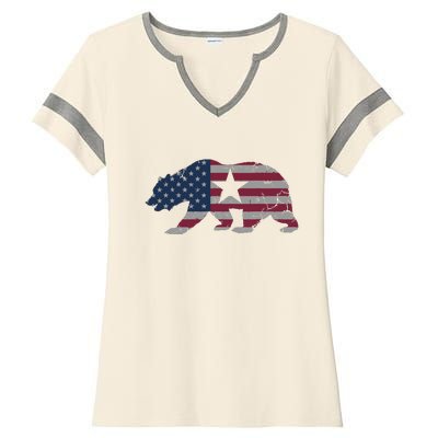 California Republic Bear American Flag 4th Of July Usa Ladies Halftime Notch Neck Tee