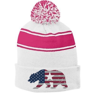 California Republic Bear American Flag 4th Of July Usa Stripe Pom Pom Beanie