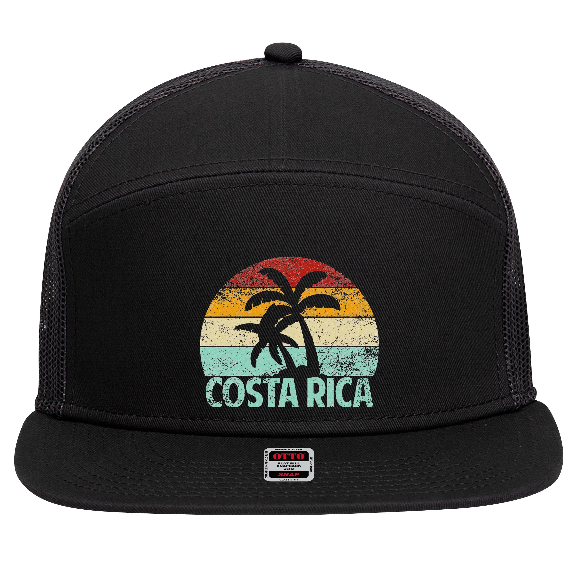 Costa Rica Beach Sunset Palm Tree Retro Vacation Costa Rica 7 Panel Mesh Trucker Snapback Hat