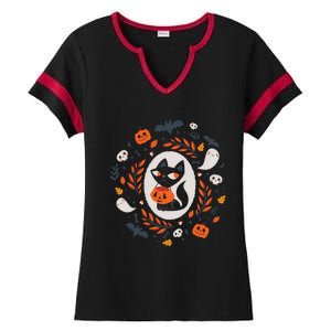 Cute Retro Black Cat Fall Halloween Ladies Halftime Notch Neck Tee