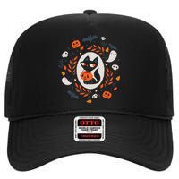 Cute Retro Black Cat Fall Halloween High Crown Mesh Back Trucker Hat