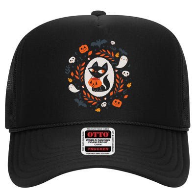 Cute Retro Black Cat Fall Halloween High Crown Mesh Back Trucker Hat