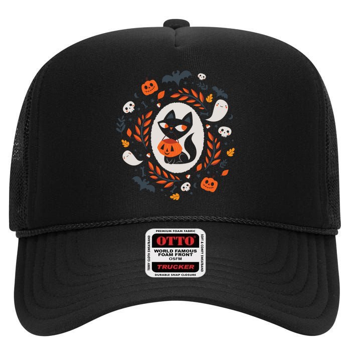 Cute Retro Black Cat Fall Halloween High Crown Mesh Back Trucker Hat