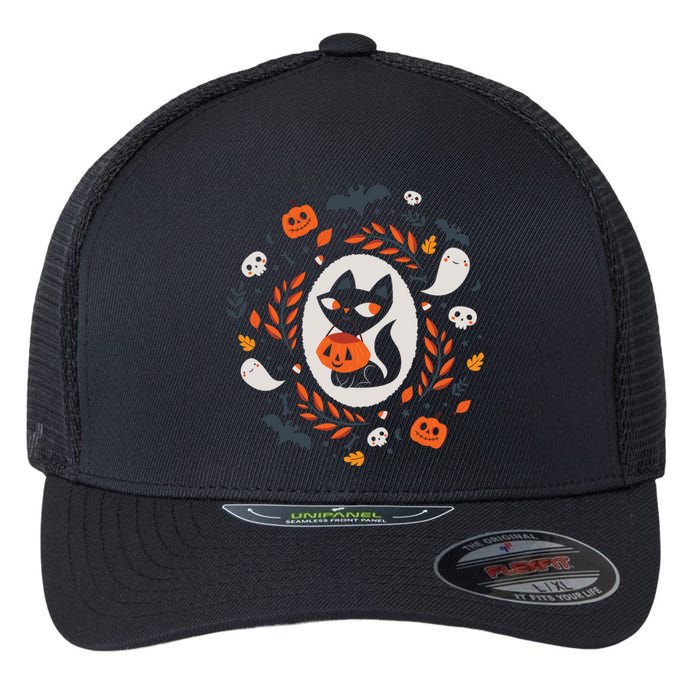 Cute Retro Black Cat Fall Halloween Flexfit Unipanel Trucker Cap