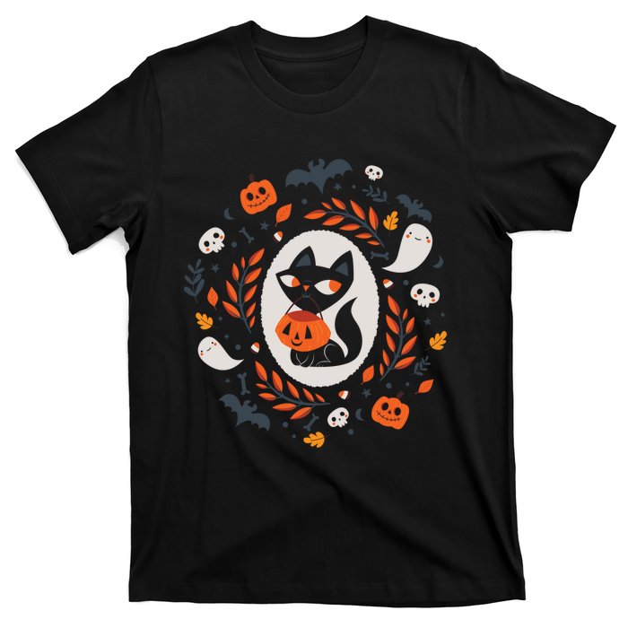 Cute Retro Black Cat Fall Halloween T-Shirt