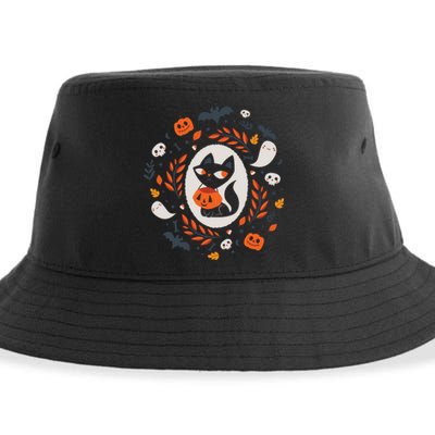 Cute Retro Black Cat Fall Halloween Sustainable Bucket Hat