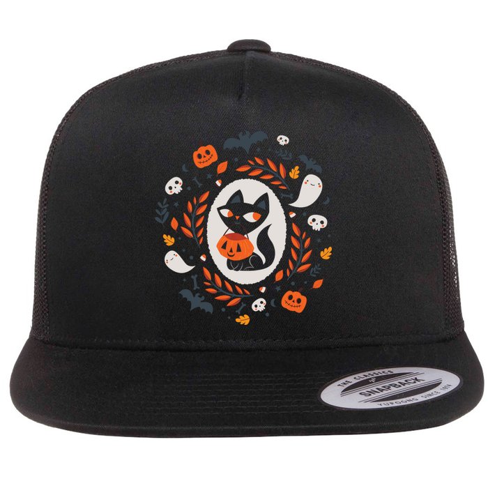 Cute Retro Black Cat Fall Halloween Flat Bill Trucker Hat