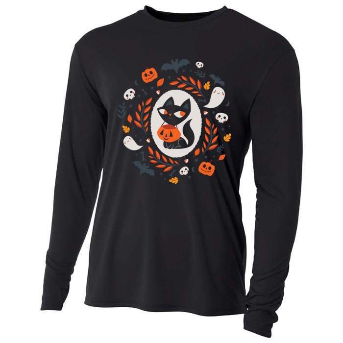 Cute Retro Black Cat Fall Halloween Cooling Performance Long Sleeve Crew