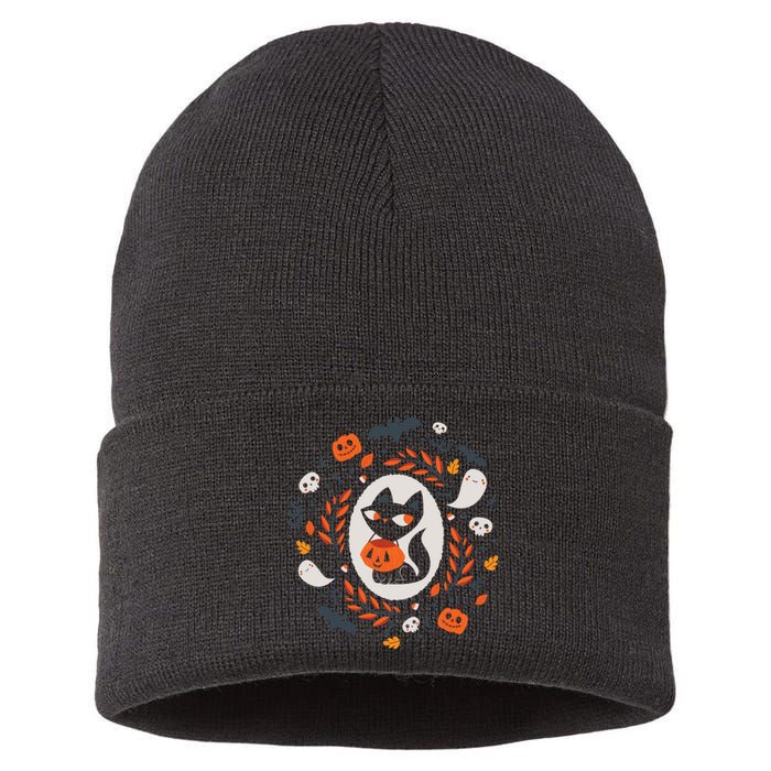 Cute Retro Black Cat Fall Halloween Sustainable Knit Beanie