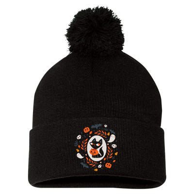 Cute Retro Black Cat Fall Halloween Pom Pom 12in Knit Beanie